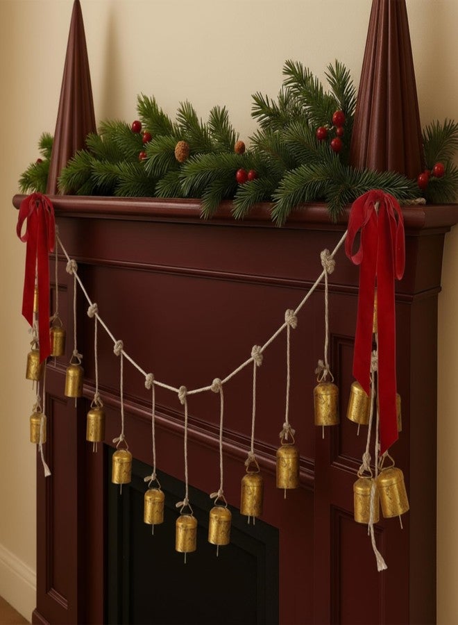 Otoolling 16 Pcs Vintage Gold Christmas Cow Bells Garland Rustic Hanging Christmas Decor for Farmhouse Xmas Metal Cow Decorative Bells Cluster on Rope with Red Bow for Banister Wall Doorway - Image 1